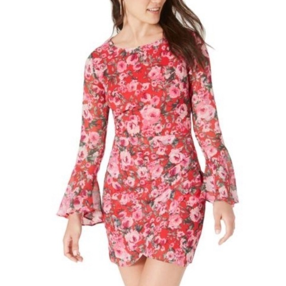B Darlin Floral Open Back Bell Sleeve Mini Dress 13/14 - Picture 7 of 11